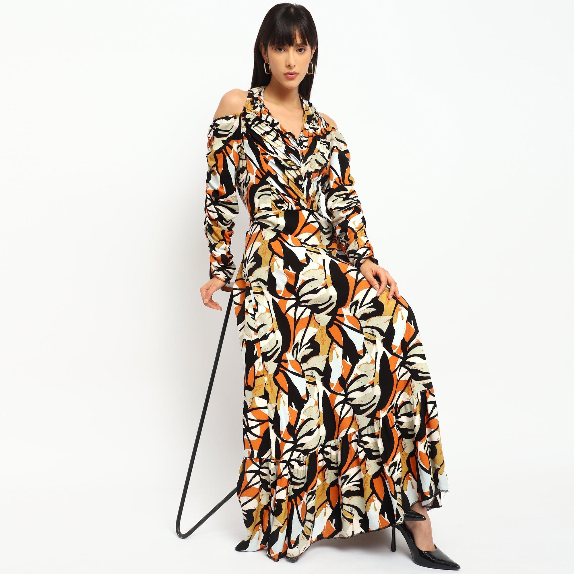 Tropical Rhapsody Cold-Shoulder Maxi Dress
